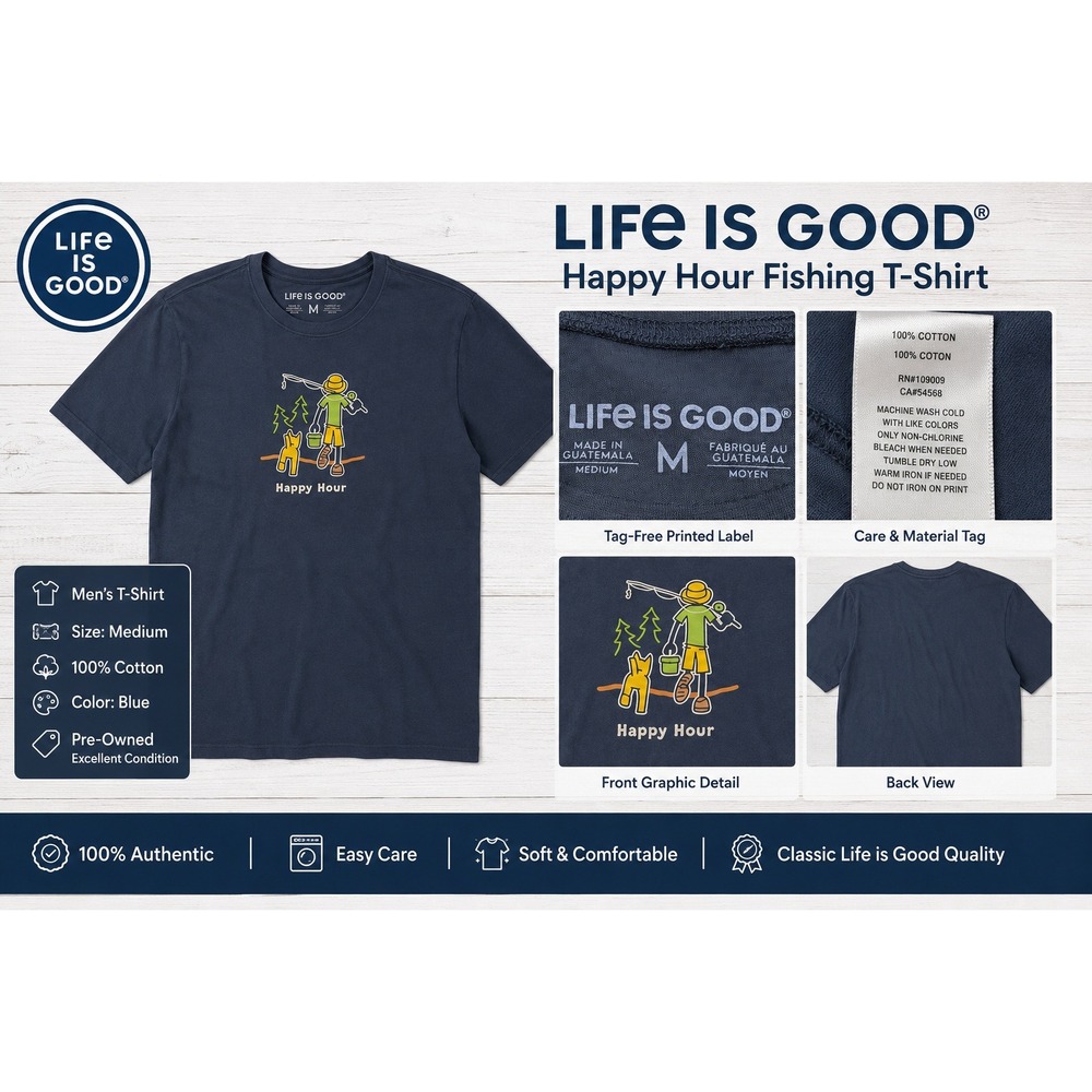 Life is Good Mens Happy Hour Fishing Dog Graphic T-Shirt Navy Bl Sz M F24-M10164